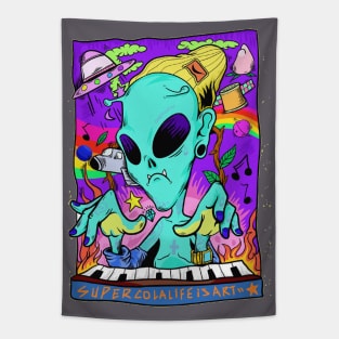 Dope space alien character rocking piano keyboard illustration Tapestry