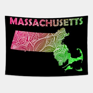 Colorful mandala art map of Massachusetts with text in pink and green Tapestry