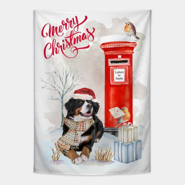 Bernese Mountain Dog Merry Christmas Santa Dog Tapestry by Puppy Eyes