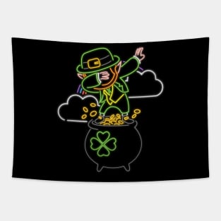 80s Retro Neon Sign Leprechaun Dabbing St Patrick - 80's Gift Tapestry