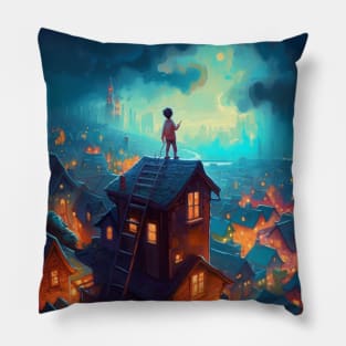 young boy on a rooftop Pillow