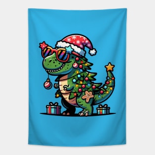 Tree-Rex Holiday Dinosaur - Christmas Tree T-Rex TreeRex Pun with Santa Hat, Lights and Ornaments Tapestry