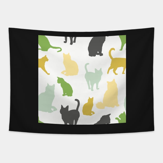 Green and Yellow Vintage Cats In Repeat Pattern Tapestry by NattyDesigns