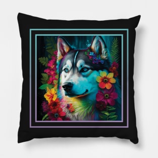 Handsome Siberian Husky Floral Tropical Vibrant Digital Oil Painting Portrait Pillow