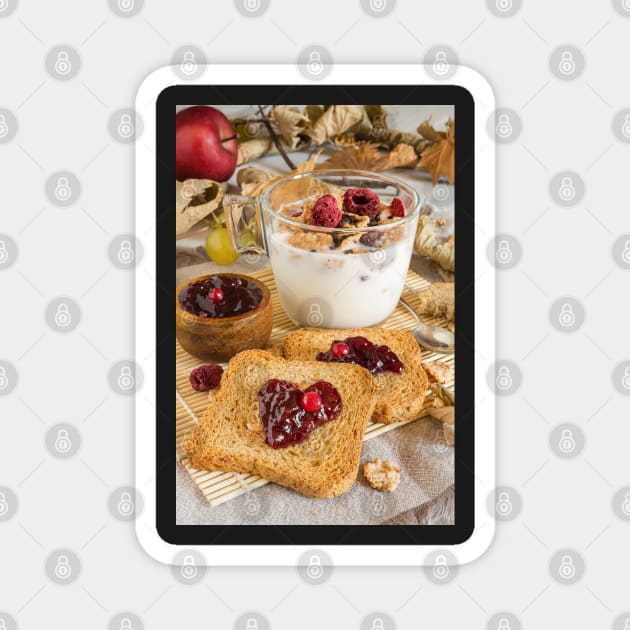 autumnal food background with milk, cereal, rusks and wildberries jam, cornflakes Magnet by graphic3000