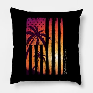 California dreamin'; USA; flag; American; sunset; palm trees; tropical; island; beach; ocean; retro; sun; vacation; surf; seaside; holiday Pillow
