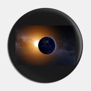 Planet Earth and rising Sun against Milky Way Pin
