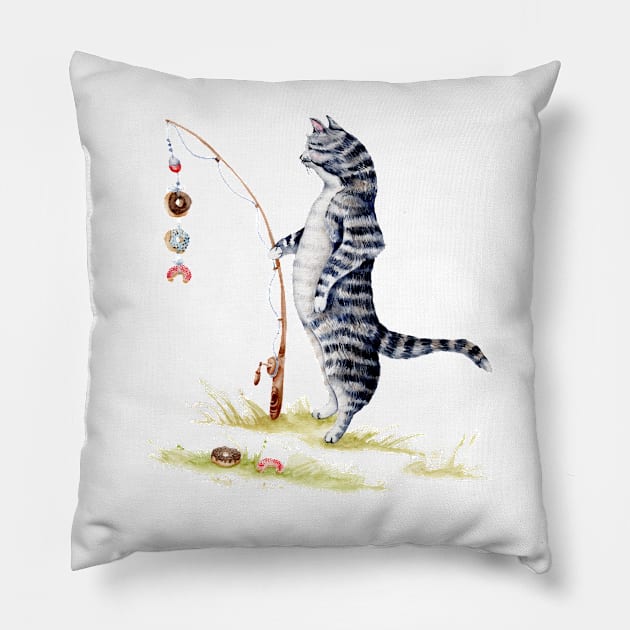 Cat Fishing Donuts Pillow by Goosi