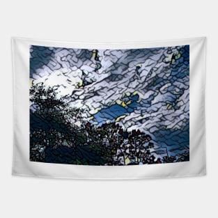 Nature Abstract Sky, mugs, tote, nature duvet cover, floor pillow, impressionism sky, nature, trees, sky, geometric pattern pillow, blue, white Tapestry