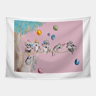 Koala Watercolor Painting, The Koalas Birthday Party - on Baby Pink Tapestry