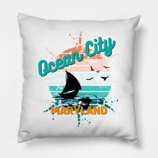 Ocean City Maryland Retro Vintage Exploding Sunset Pillow