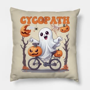 Cycopath Ghost on a Bicycle - Spooktacular Autumn Ride Pillow