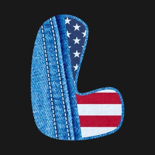 Letter L with the texture of blue denim fabric and USA flag - The Monogram l and  jean fabric and American flag- jean fabric english alphabet A to Z T-Shirt