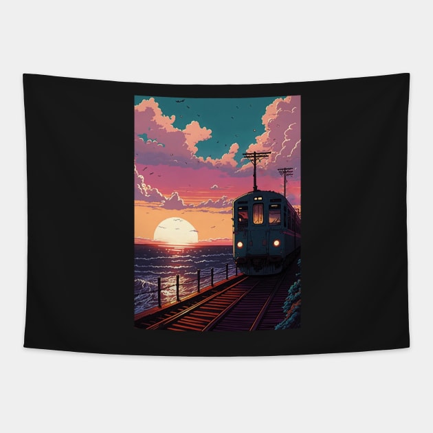 Retro Anime Style Old Japanese Train Tapestry by KaPrints