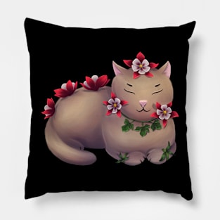 Cat with aquilegia flowers Pillow