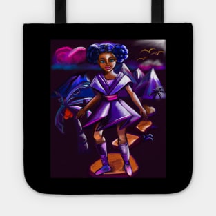 Anime girl with two puffs and lighting 2. Black afro anime girl in purple space fantasy scene ! beautiful  black girl with Braided hair, blue eyes, Cherry pink lips and dark brown skin. Hair love ! Tote