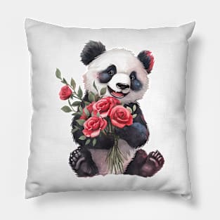 Valentine Panda Bear Giving Flowers Pillow