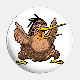 Cartoon New Zealand kiwi bird doing a Maori haka Pin