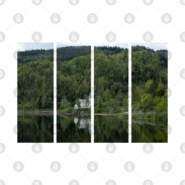 Wonderful landscapes in Norway. Vest-Agder. Beautiful scenery of whtite Gyland church reflecting in the lake. Mountains, road and trees in the background by fabbroni-art