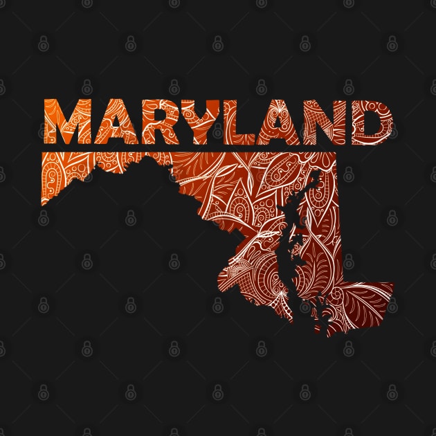 Colorful mandala art map of Maryland with text in brown and orange by Happy Citizen