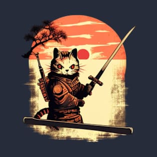 Ninja Cat Japanese Vintage Sunset Sword T-Shirt