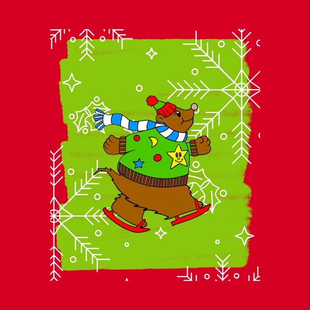 MERRY Christmas Brown Bear Ice Skater by SartorisArt1