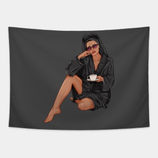 woman with cup of tea in black spa robe Tapestry