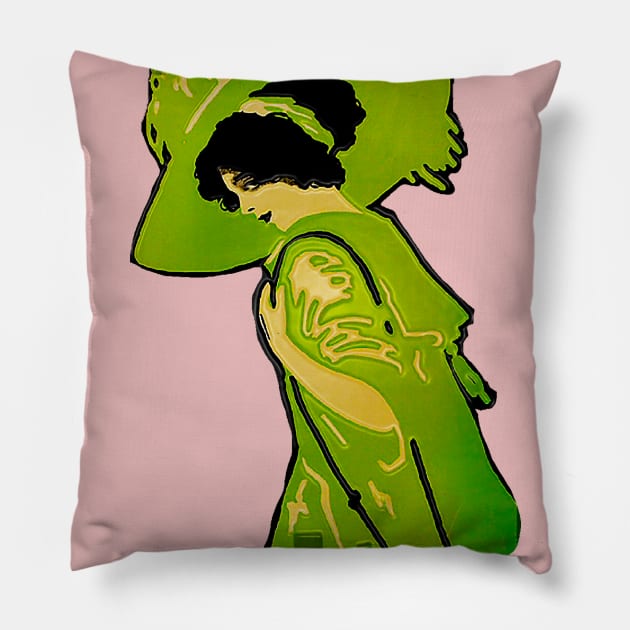 vintage girl in green dress Pillow by Marccelus