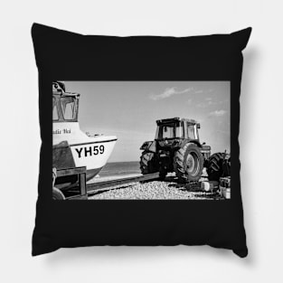 Tractor and fishing boat on Cromer beach, Norfolk Pillow