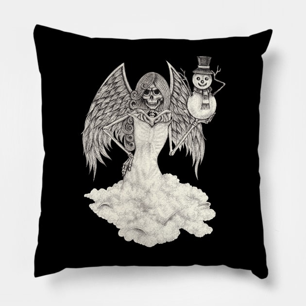 Fantasy surreal skull angel with snowman. Pillow by Jiewsurreal