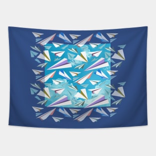 Paper Airplanes and Blue Sky with Clouds Tapestry