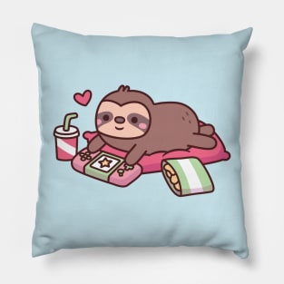 Cute Sloth Playing Video Games Pillow