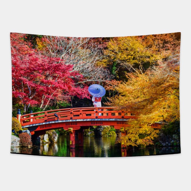 Asian Woman Wearing Japanese Traditional Kimono in Autumn Park Japan Tapestry by benayache