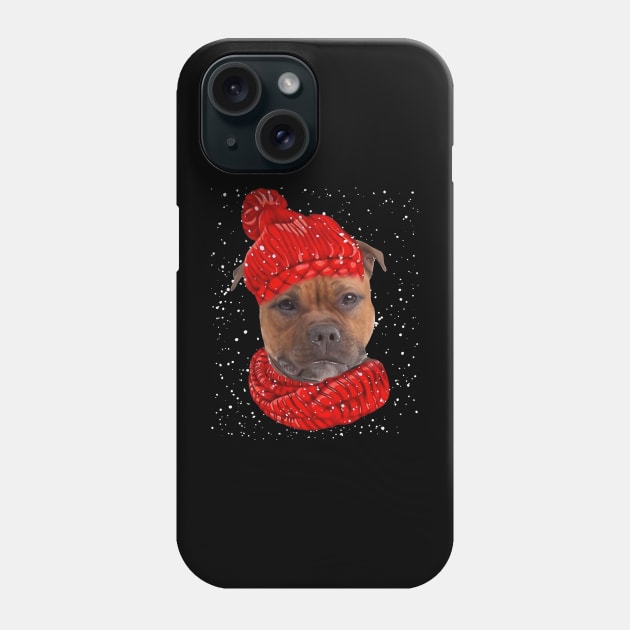 Staffordshire Bull Terriers Wearing Red Hat Christmas Phone Case by Vintage White Rose Bouquets