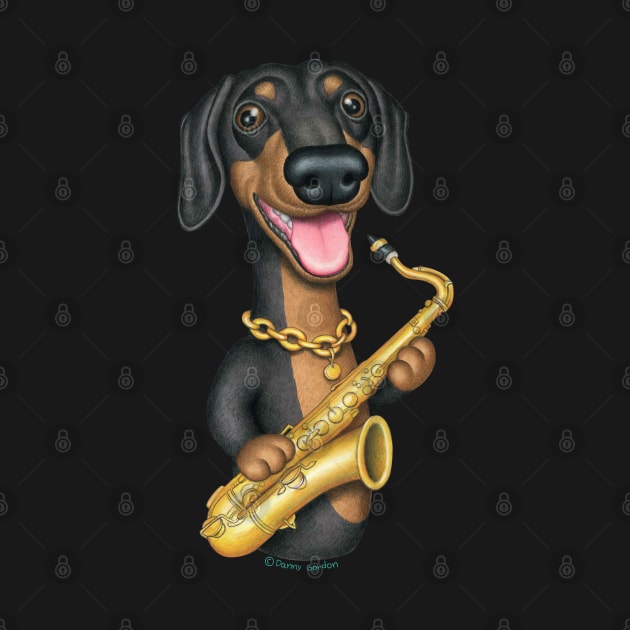 Cute Doxie Dog with saxophone on Dachshund Sax Player tee by Danny Gordon Art