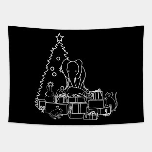 White Line Drawing Merry Christmas from Cute Animals Tapestry