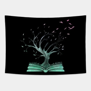 Mystical Knowledge Tree Growing from an Opened Book Tapestry