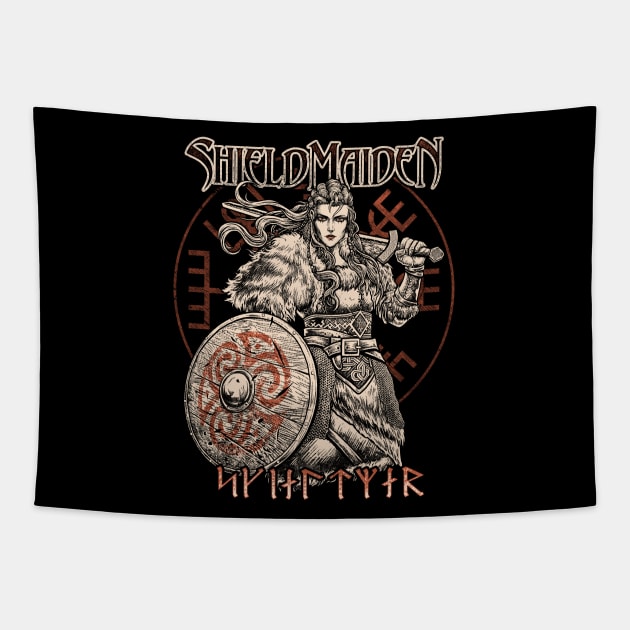 Viking Shieldmaiden Norse Female Warrior Vegvisir Tapestry by Blue Pagan