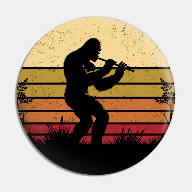 Bigfoot Playing the Flute Vintage Distressed Sunset Flute Player Pin by Cuteness Klub