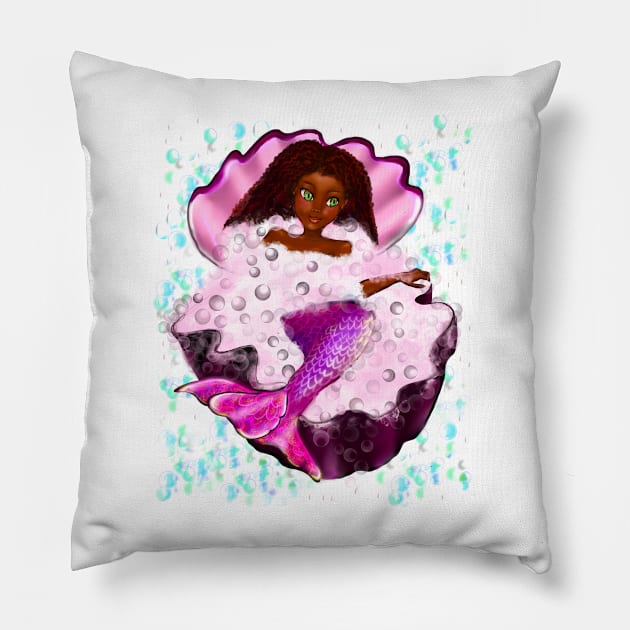 Mermaid spa day in Oyster clam shell 2 - Black anime mermaid in bubble bath. Pretty black girl with Afro hair, green eyes, Cherry pink lips and dark brown skin. Hair love ! Pillow by Artonmytee