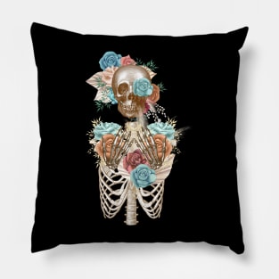 Skeleton with Blue Roses Pillow