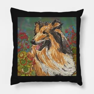 Rough Collie and Geraniums Pillow