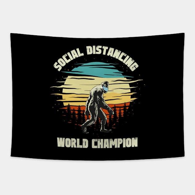 Social Distancing World Champion Retro Bigfoot Funny Quarantine Tapestry by kdpdesigns