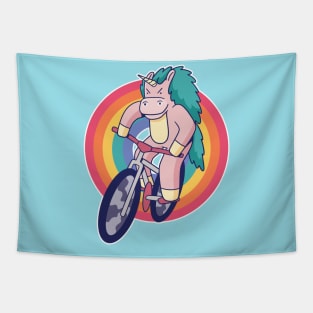 Retro Unicorn on a Bicycle Cartoon Tapestry