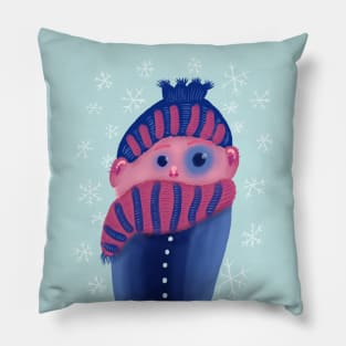 Freezing Kid With Hat And Scarf In Winter Pillow