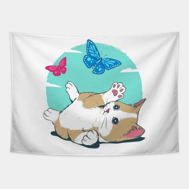 Cat playing with Butterfly Tapestry by Caturday