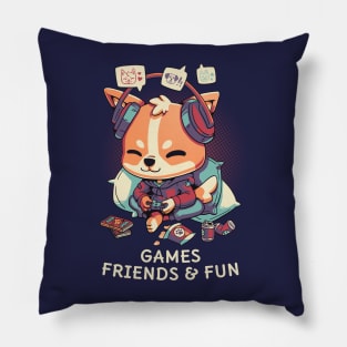 Games, friends and fun // Cute corgi gamer, puppy playing Pillow