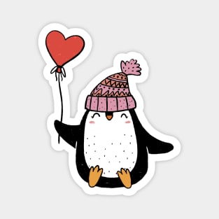 Cute penguin girl in a cap and with a ball. Kids' clothes. Magnet