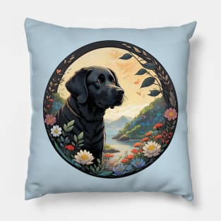 Black Lab Floral Wreath Pillow