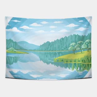 Beautiful landscape with a lake, trees and clouds. Tapestry